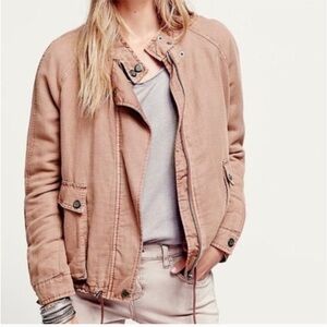 Free People Slouchy Linen Blend utility drawstring double cloth Bomber Jacket L